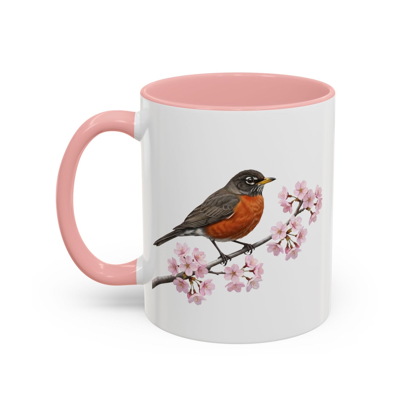 American Robin Cherry Blossom Mug | Pink Ceramic Coffee Cup for Bird Lovers
