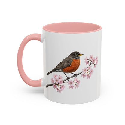 American Robin Cherry Blossom Mug | Pink Ceramic Coffee Cup for Bird Lovers