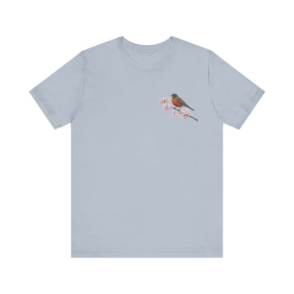 American Robin Cherry Blossom T-Shirt | Floral Spring Tee for Bird Lovers