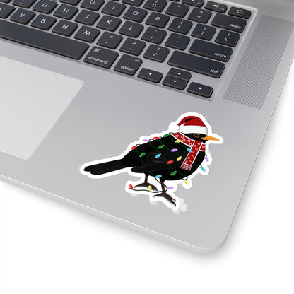 Blackbird with Fairy Lights Santa Claus Hat and Scarf Christmas Bird Sticker