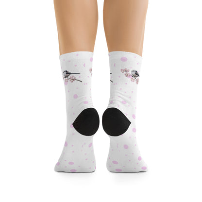 Long Tailed Titmouse Cherry Blossom Socks White | Floral Birdwatching Gift –