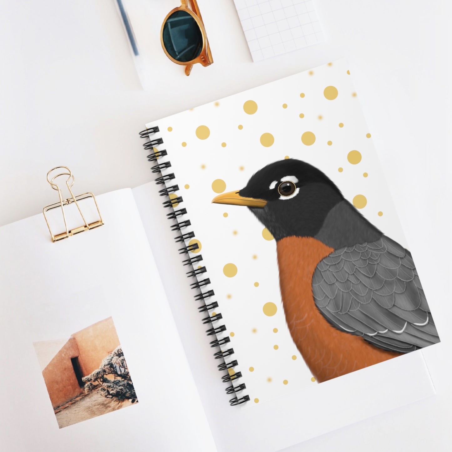 Robin Bird Birdlover Spiral Notebook White Golden Dots Ruled Line 6"x8"