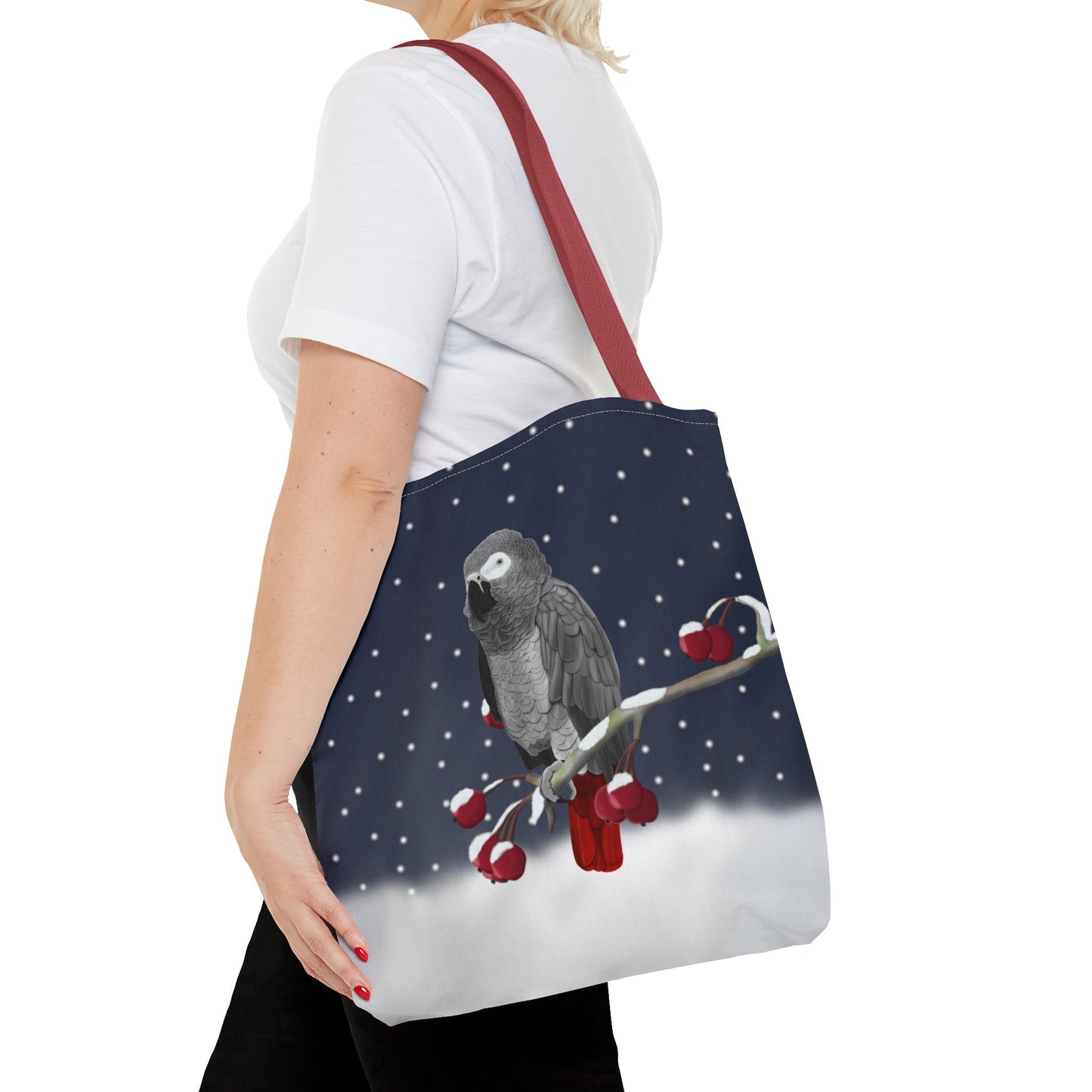 Grey Parrot on a Winter Branch Christmas Bird Tote Bag 16"x16"