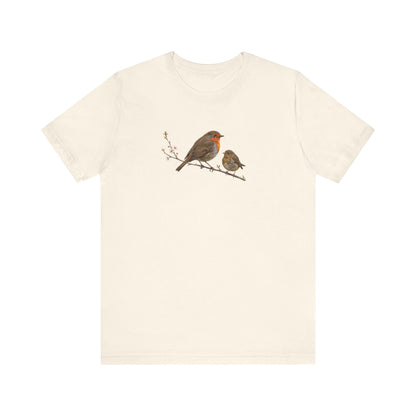 European Robin & Fledgling T-Shirt | Spring Blossoms Unisex Graphic Tee