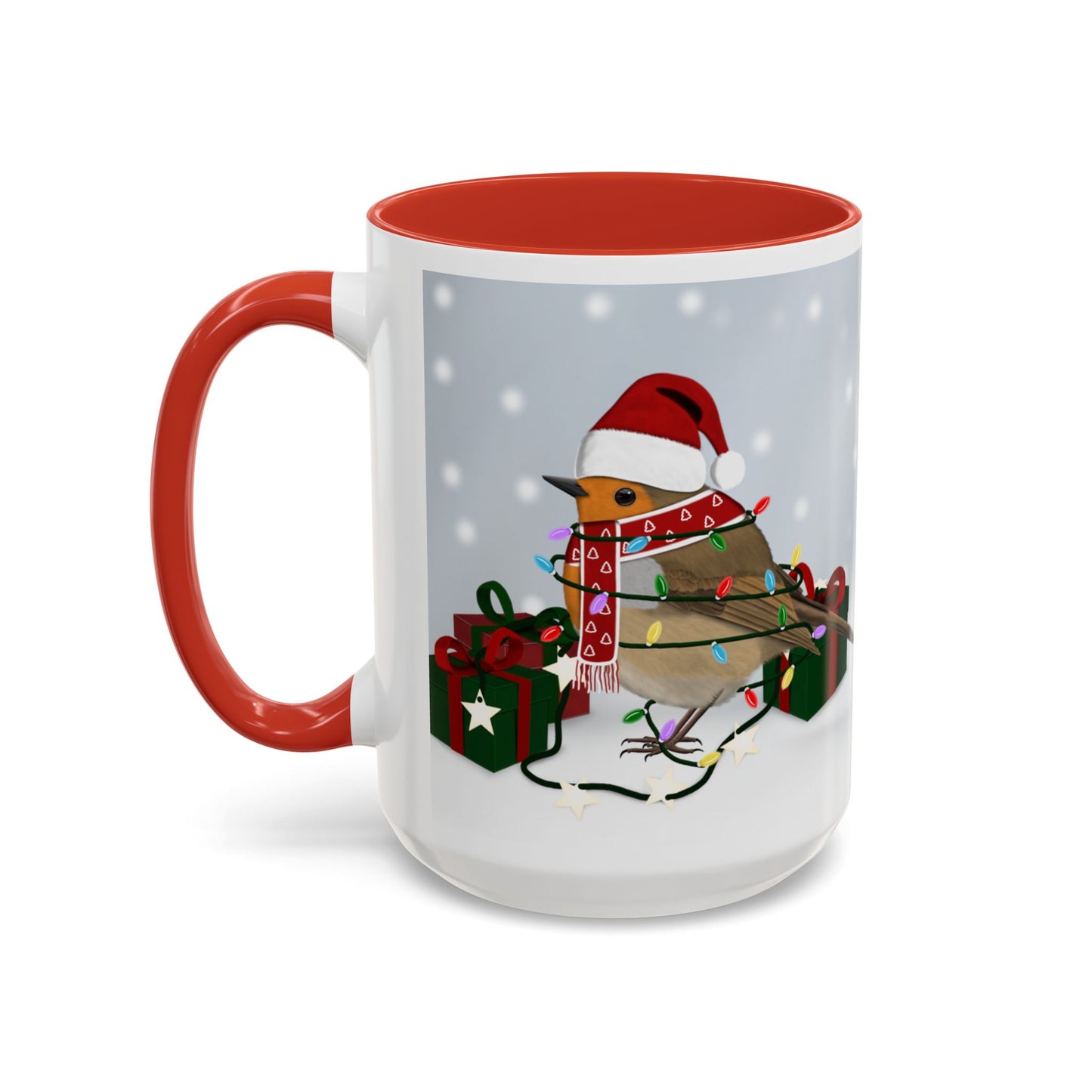 European Robin with Christmas Hat and Scarf Snow Bird Coffee Mug