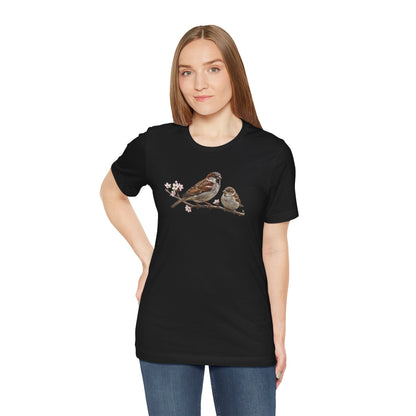 Tree Sparrow & Fledgling T-Shirt | Spring Blossoms Unisex Graphic Tee
