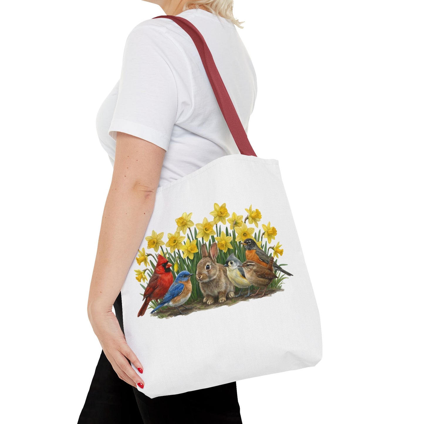 Spring Tote Bag – Cardinal, Bluebird & Bunny | Reusable Easter Basket & Market Shopper (16"x16")