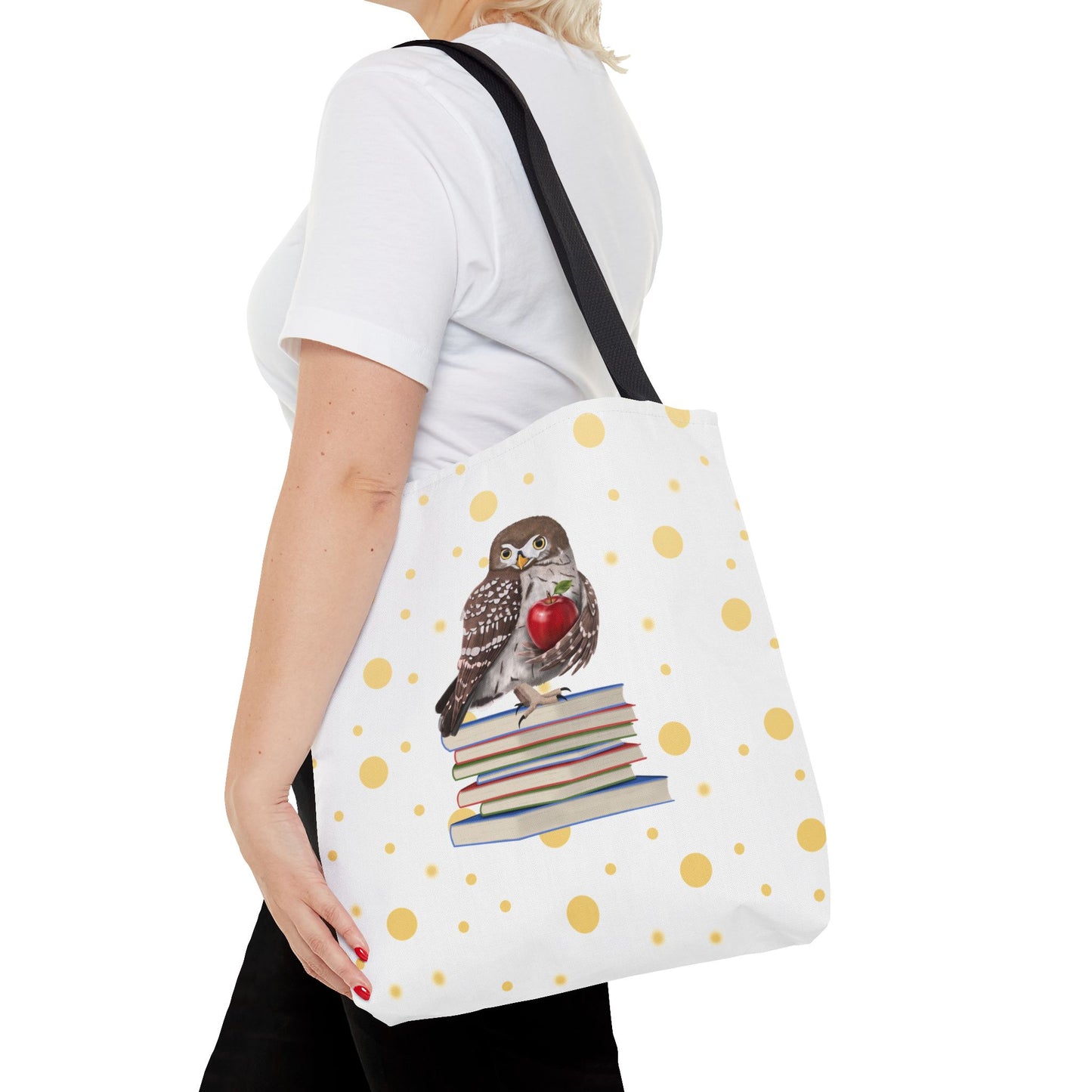 Cute Owl & Books Teacher Tote Bag – Gold Polka Dot Aesthetic
