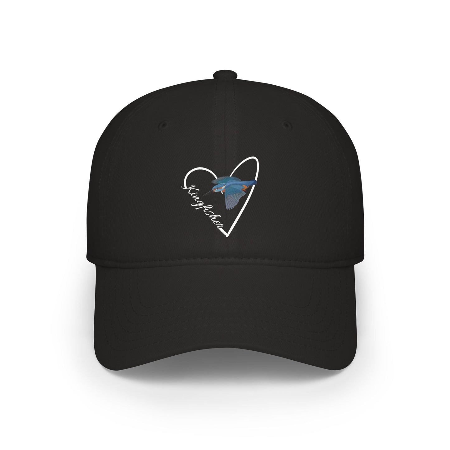 Black cap with a heart-shaped design featuring a kingfisher on a white background