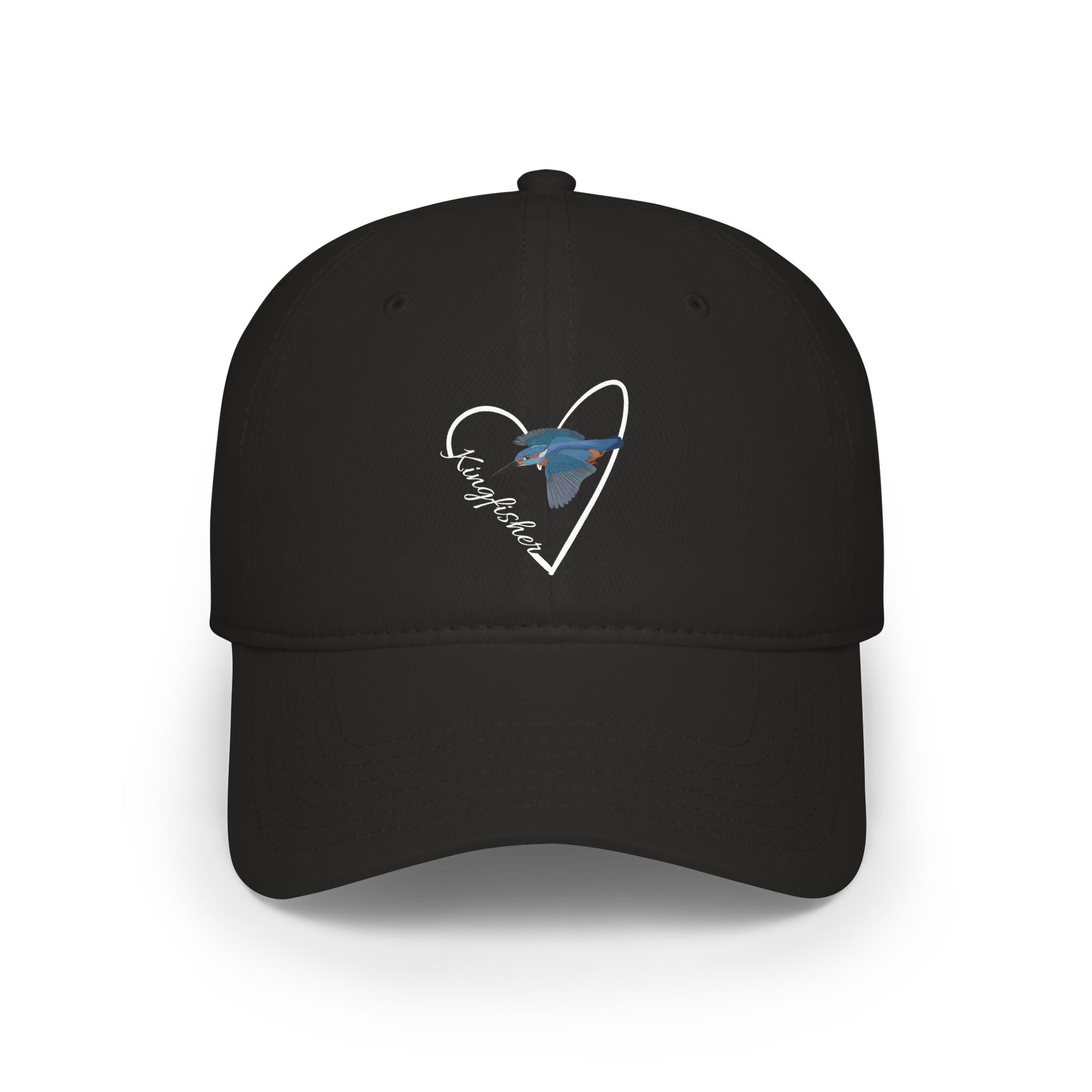 Black cap with a heart-shaped design featuring a kingfisher on a white background