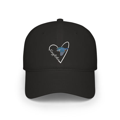 Black cap with a heart-shaped design featuring a kingfisher on a white background