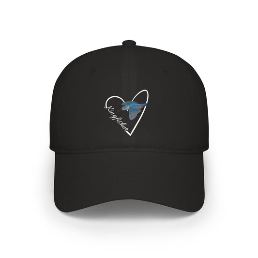 Black cap with a heart-shaped design featuring a kingfisher on a white background