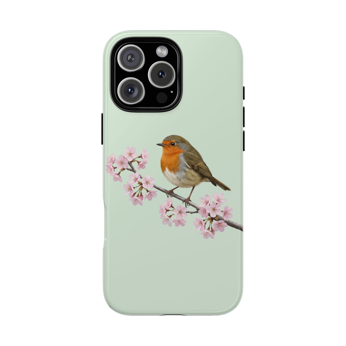 Rotkehlchen Handyhülle in Salbeigrün | Florales Kirschblüten Vogel-Motiv für iPhone & Google Pixel