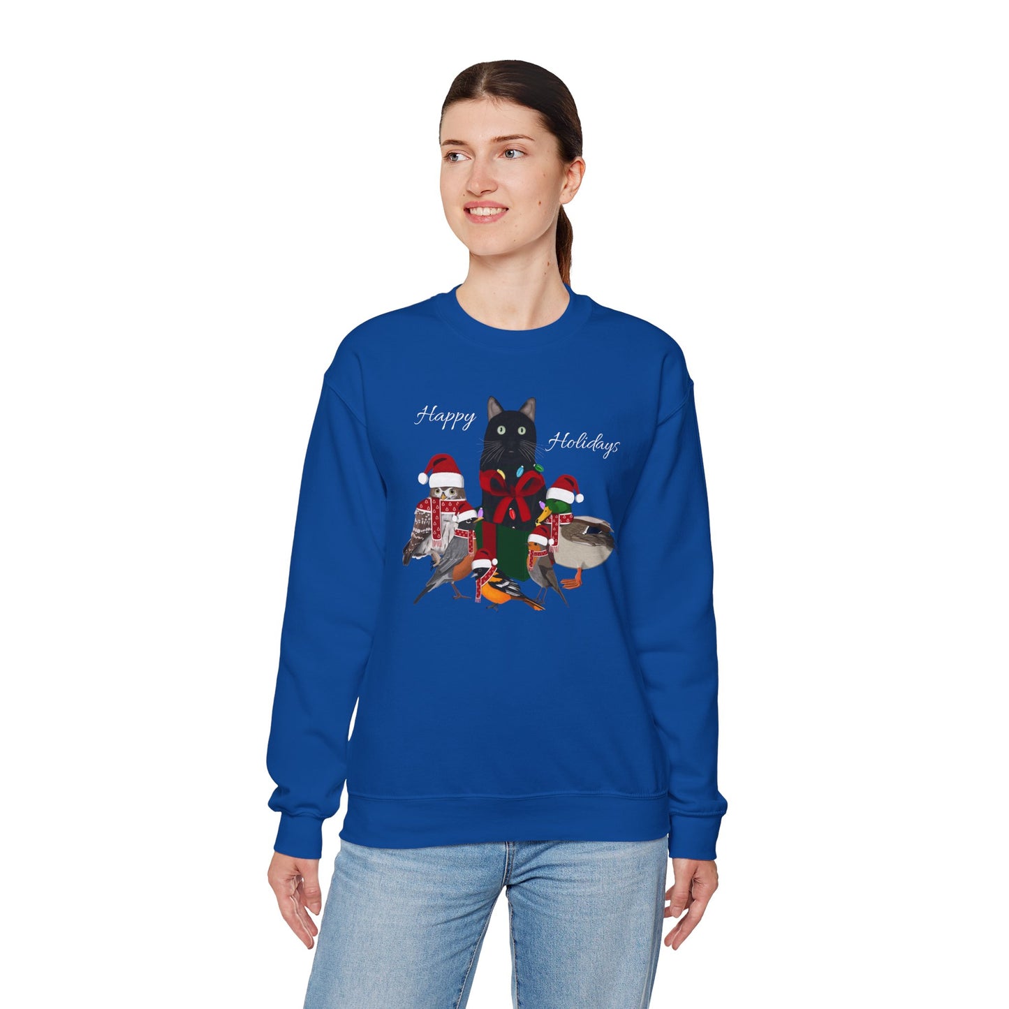 Robin Mallard Oriole Owl with Cat in a Box and Fairy Lights Happy Holidays Christmas Bird Sweatshirt