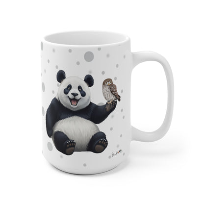 Eule mit einem fröhlichen Panda Vogel Tiermotiv Tasse Punkte Grau