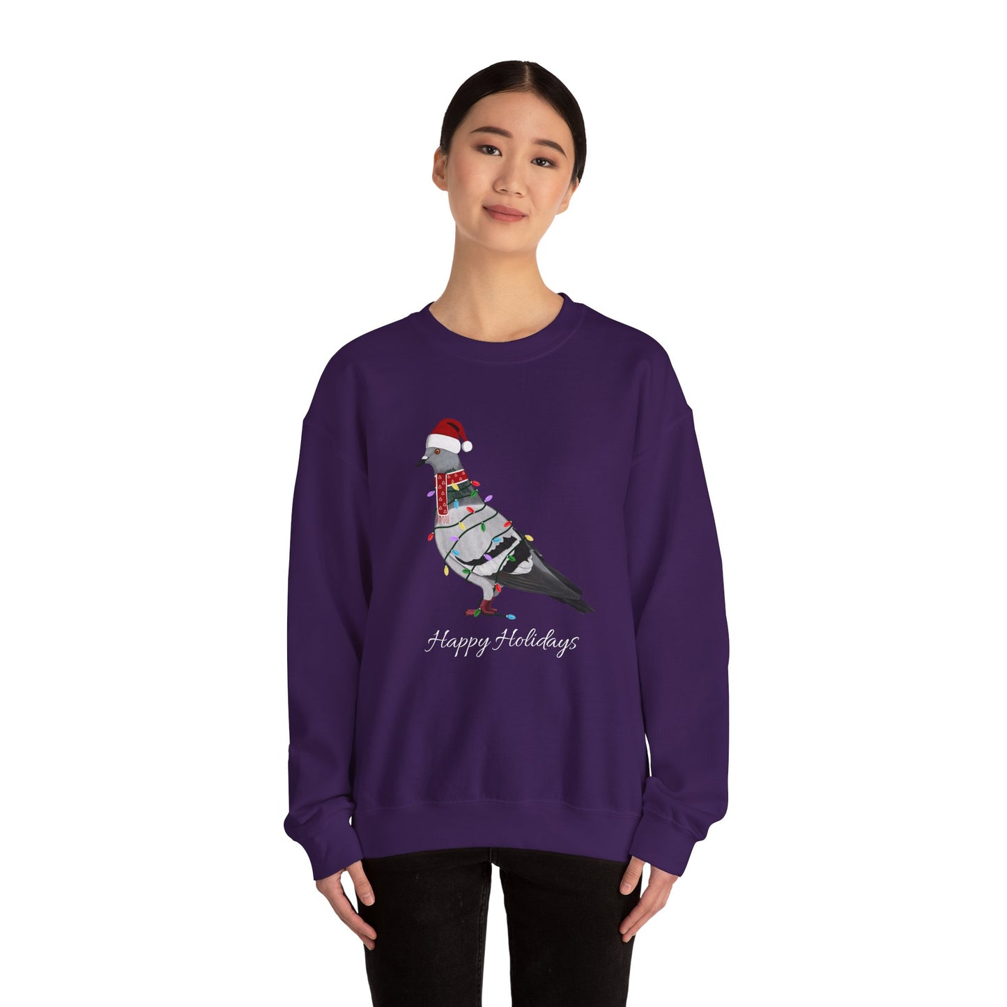 Pigeon with Fairy Lights as Santa Happy Holidays Birdwatcher Christmas Bird Sweatshirt