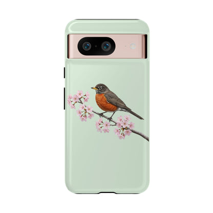 Wanderdrossel Handyhülle in Salbeigrün | Florales Kirschblüten Vogel-Motiv für iPhone & Google Pixel