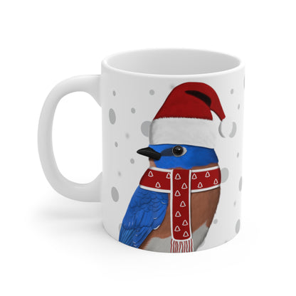 Bluebird with Red Santa Hat and Scarf Christmas Bird Ceramic Mug 11oz