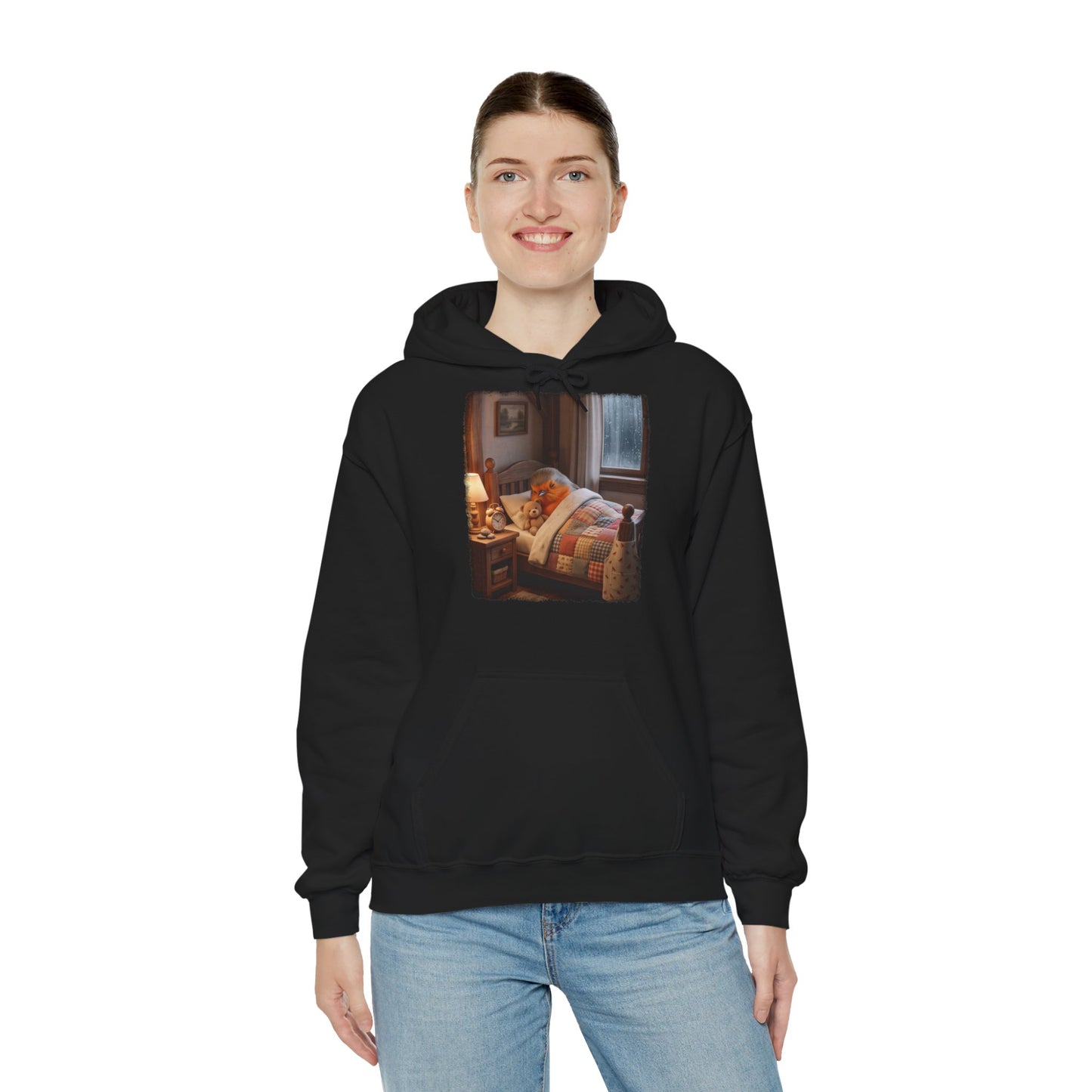 Süßes Rotkehlchen Hoodie im Bett mit Teddy | Kuscheliger Vogel Kapuzenpullover für Langschläfer