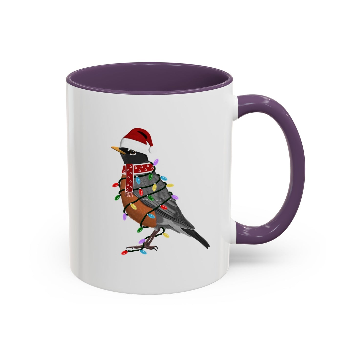 American Robin as Santa with Fairy Lights Ceramic Bird Coffee Mug – Custom Gift for Bird Watchers