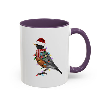 American Robin as Santa with Fairy Lights Ceramic Bird Coffee Mug – Custom Gift for Bird Watchers