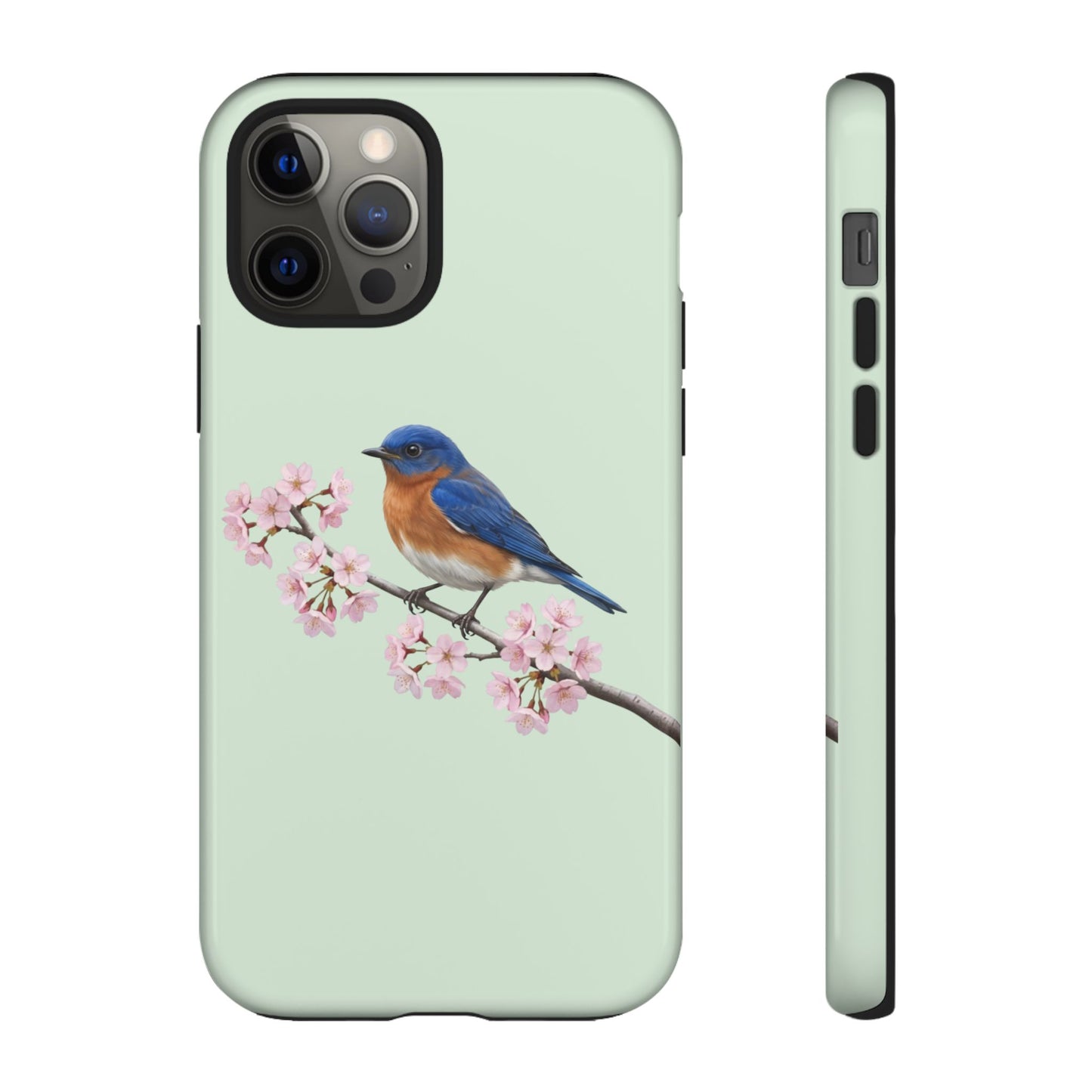 Rotkehl-Hüttensänger Handyhülle in – Salbeigrün | Florales Kirschblüten Vogel-Motiv für iPhone & Google Pixel