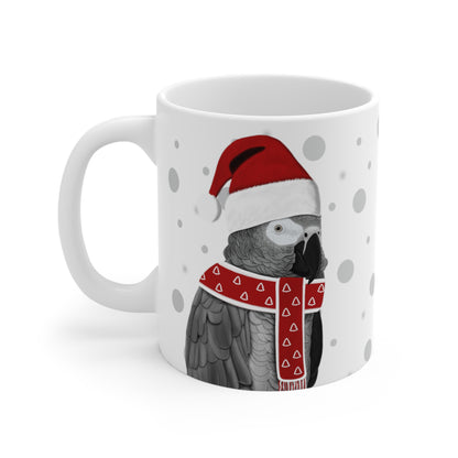 Grey Parrot with Red Santa Hat and Scarf Christmas Bird Ceramic Mug 11oz