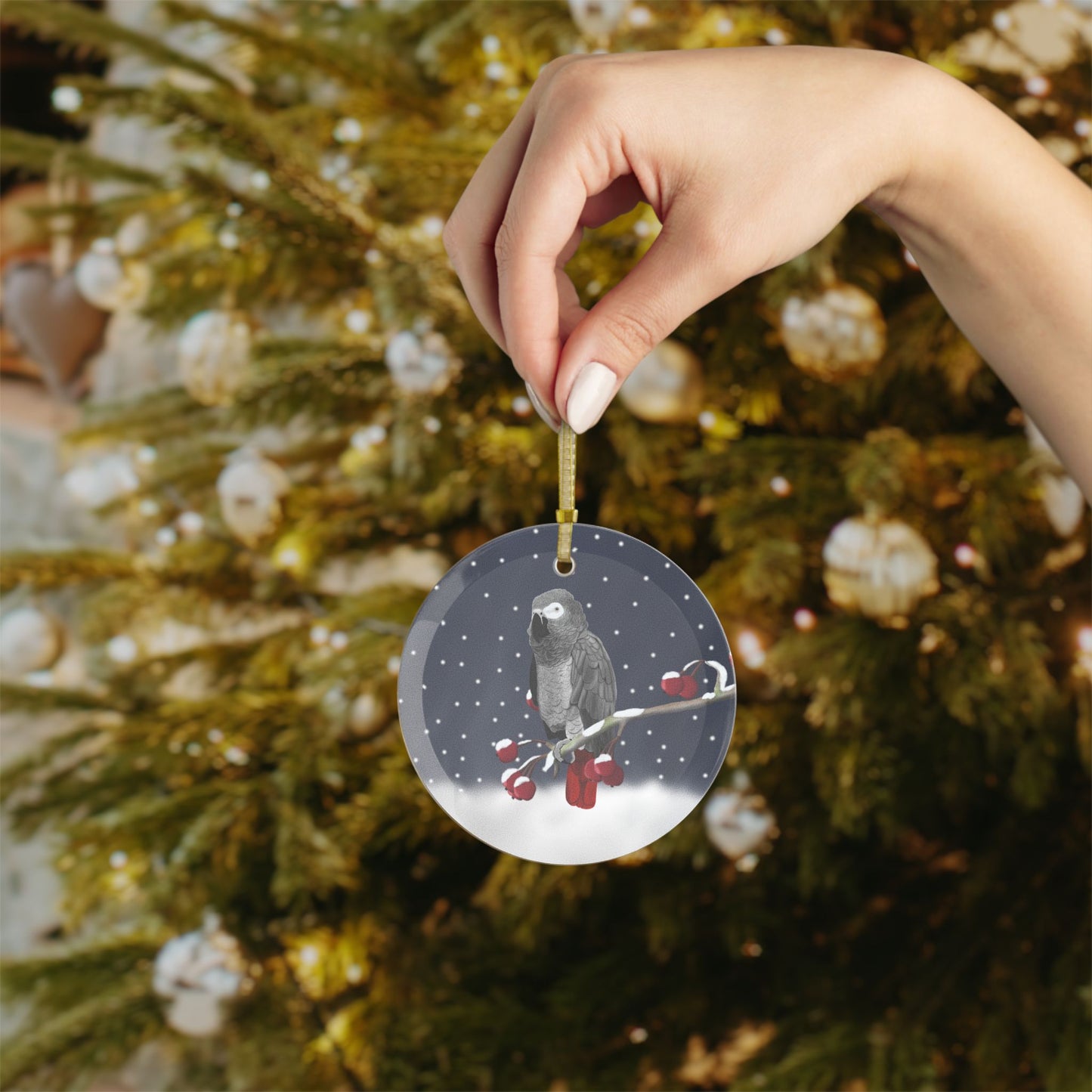 Grey Parrot on a Winter Branch Christmas Bird Glass Ornament