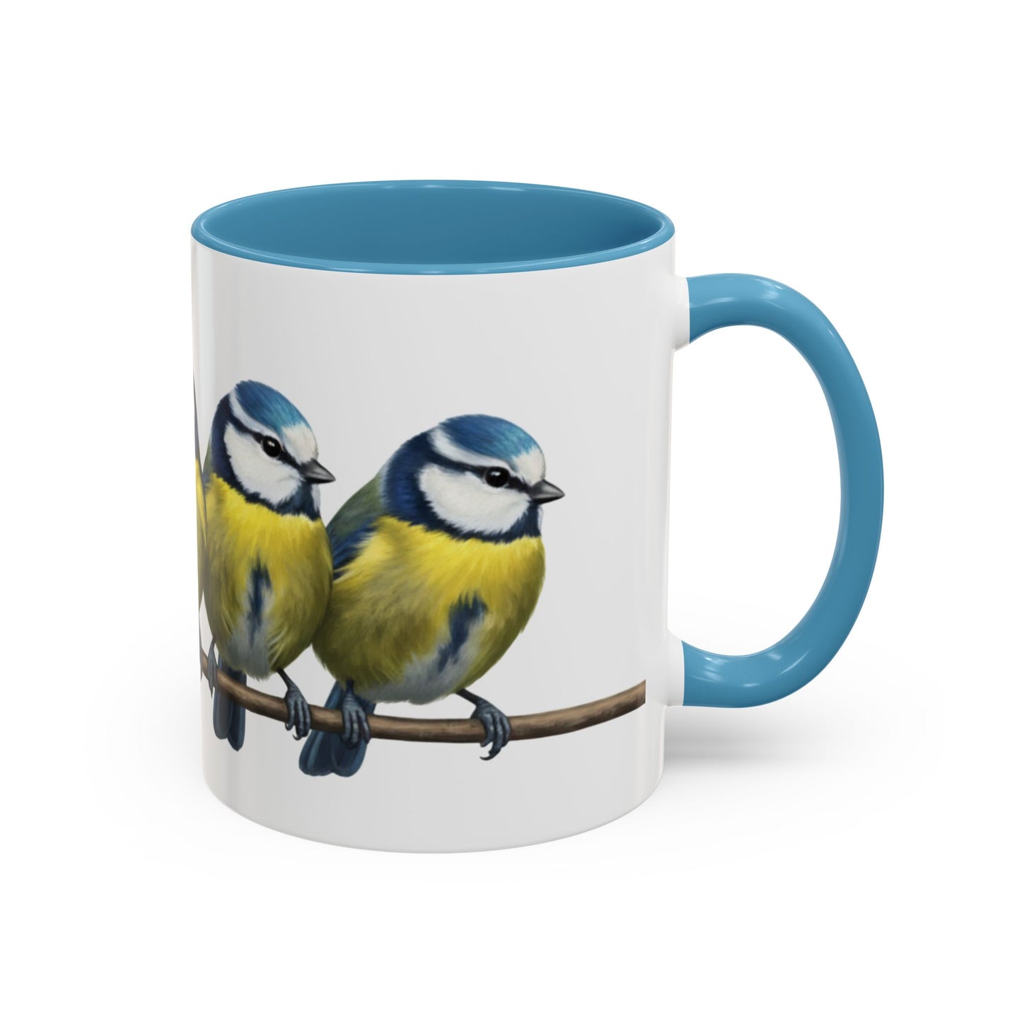 枝に止まるアオガラを描いた陶器製鳥コーヒーマグ - バードウォッチャーへのカスタムギフト