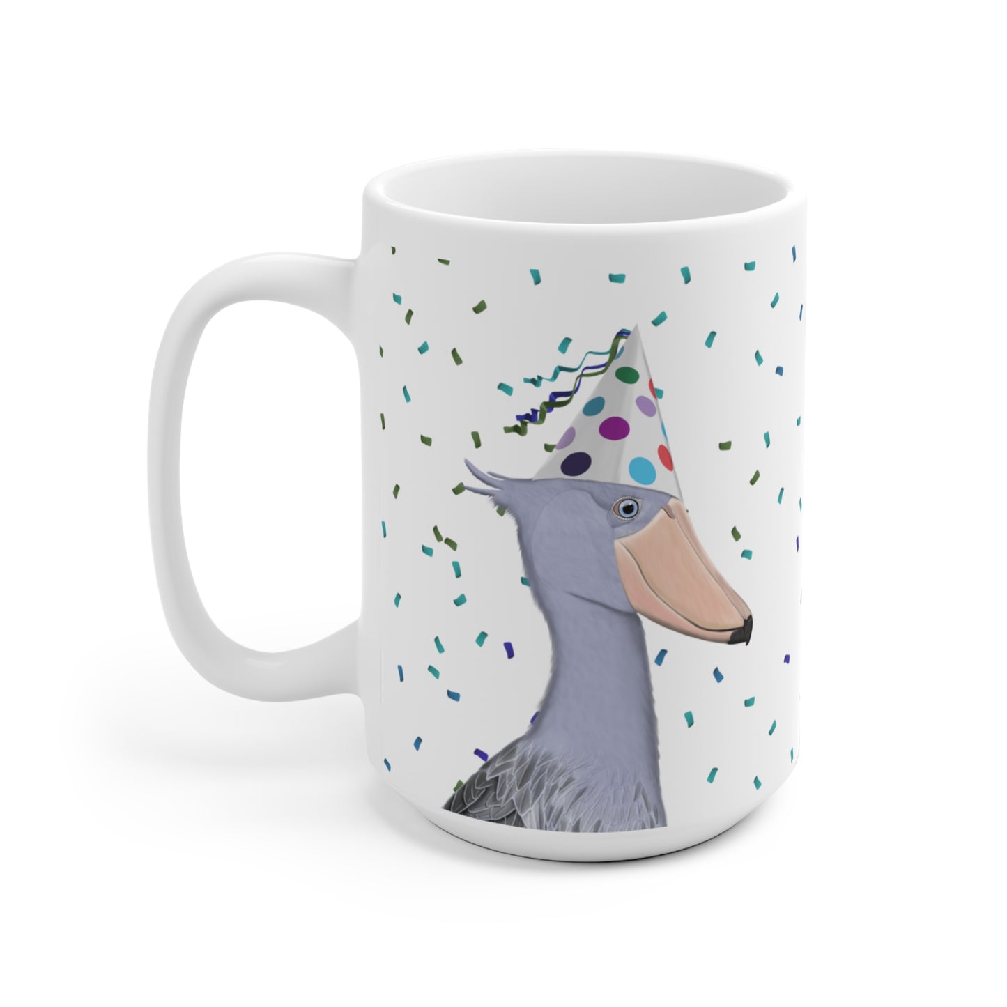 Schuhschnabel feiert Geburtstag mit Partyhut und Konfetti Vogel Tasse