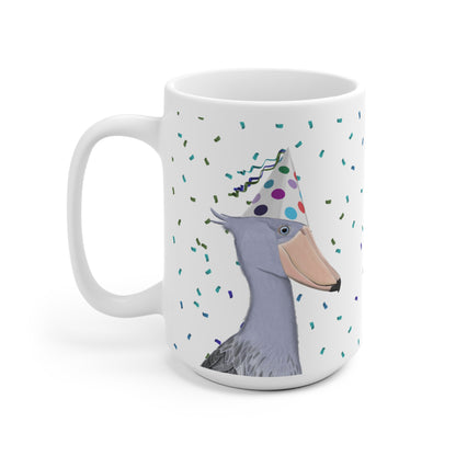 Schuhschnabel feiert Geburtstag mit Partyhut und Konfetti Vogel Tasse