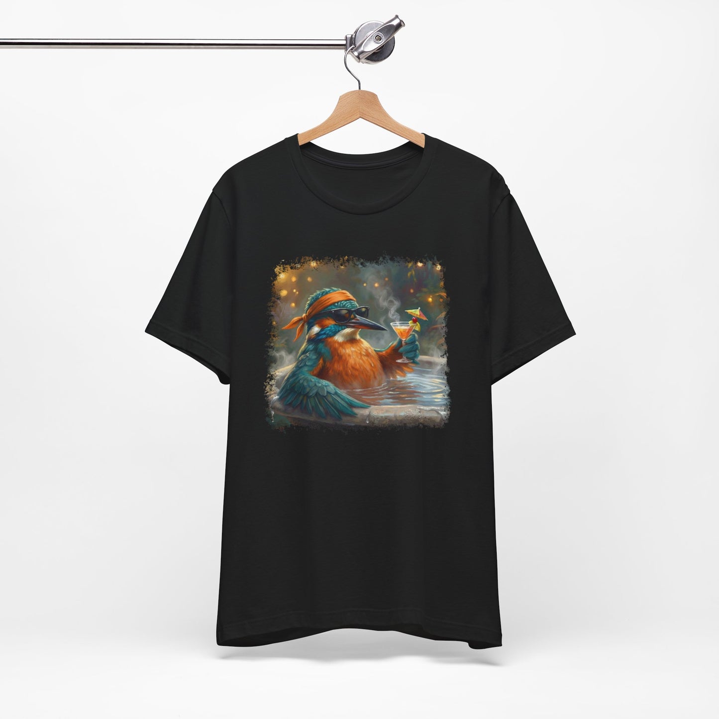 Funny Kingfisher T-Shirt | Bird with Sunglasses & Drink | Unisex Summer Tee