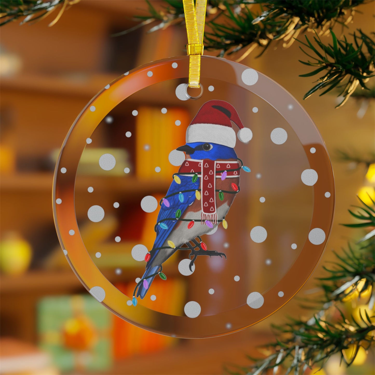 Bluebird as Santa Claus with Fairy Lights Christmas Glass Ornament