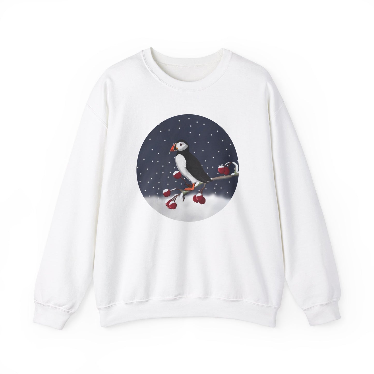 Puffin on a Winter Branch Birdwatcher Christmas Bird Sweatshirt