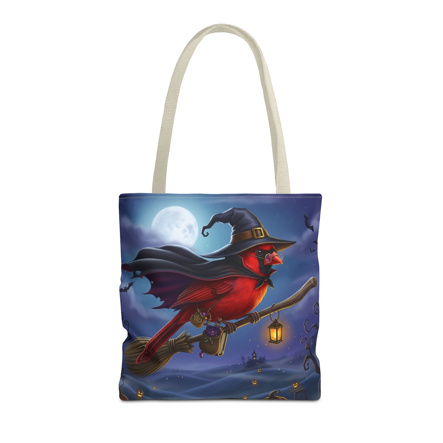 Halloween Cardinal Tote Bag: Cape & Witch Hat | 16"x16" Polyester | Bird Decor Accessory