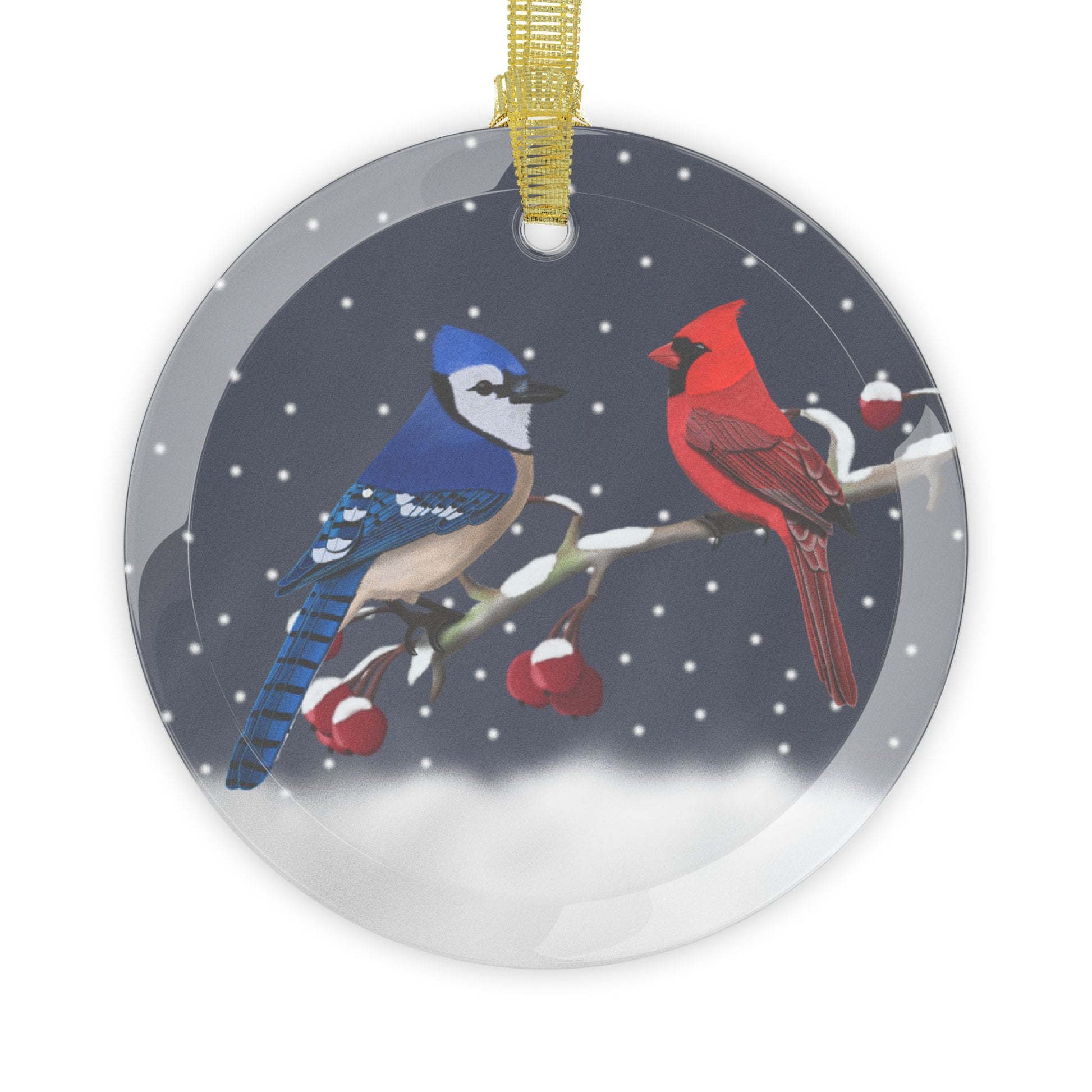 Blue Jay and Cardinal on a Winter Branch Christmas Bird Glass Ornament