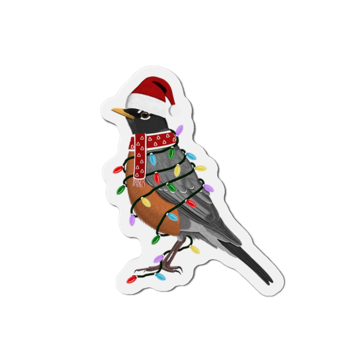 Robin with Fairy Lights and Scarf Christmas Bird Magnet