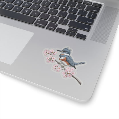Belted Kingfisher Cherry Blossom Sticker | Glossy Floral Bird Decal | Spring Laptop Sticker