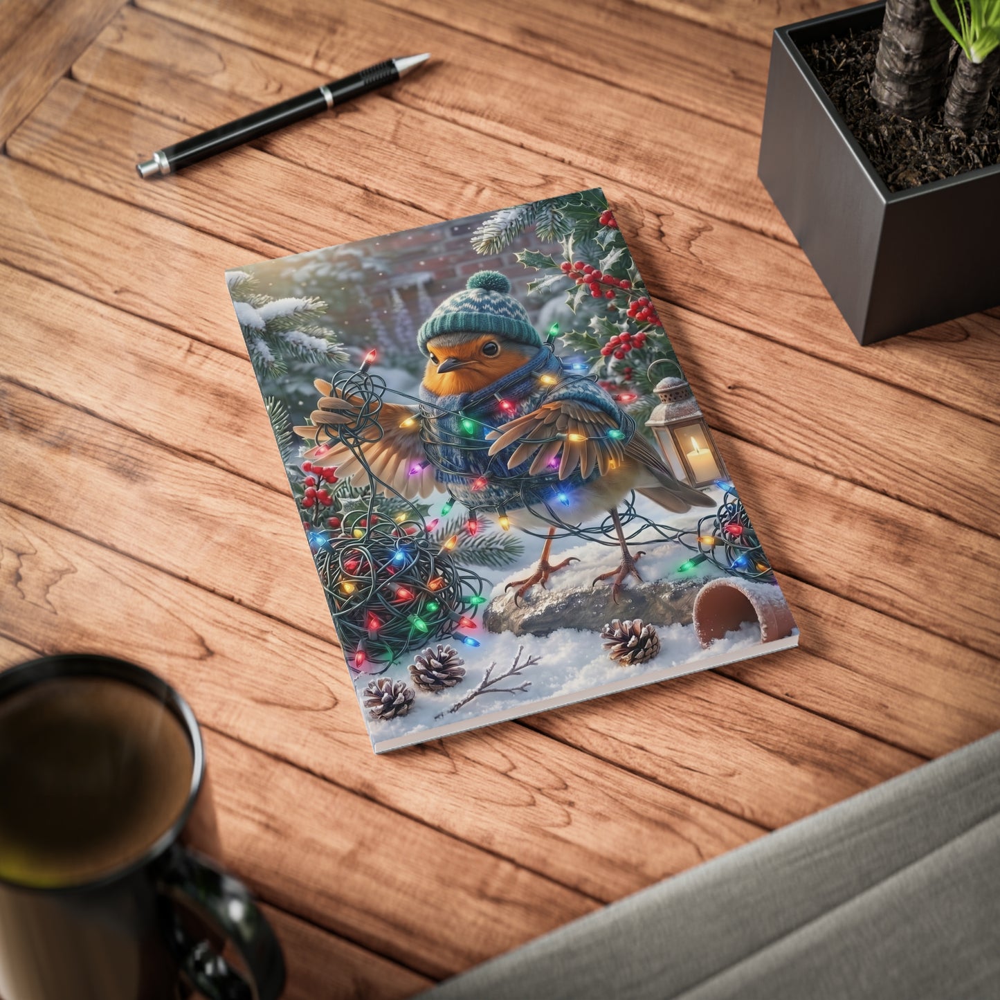 Premium Notizbuch A5 Rosi Rotkehlchen & die Lichterkette | Liniert | Lustiges Geschenk für Vogelfreunde