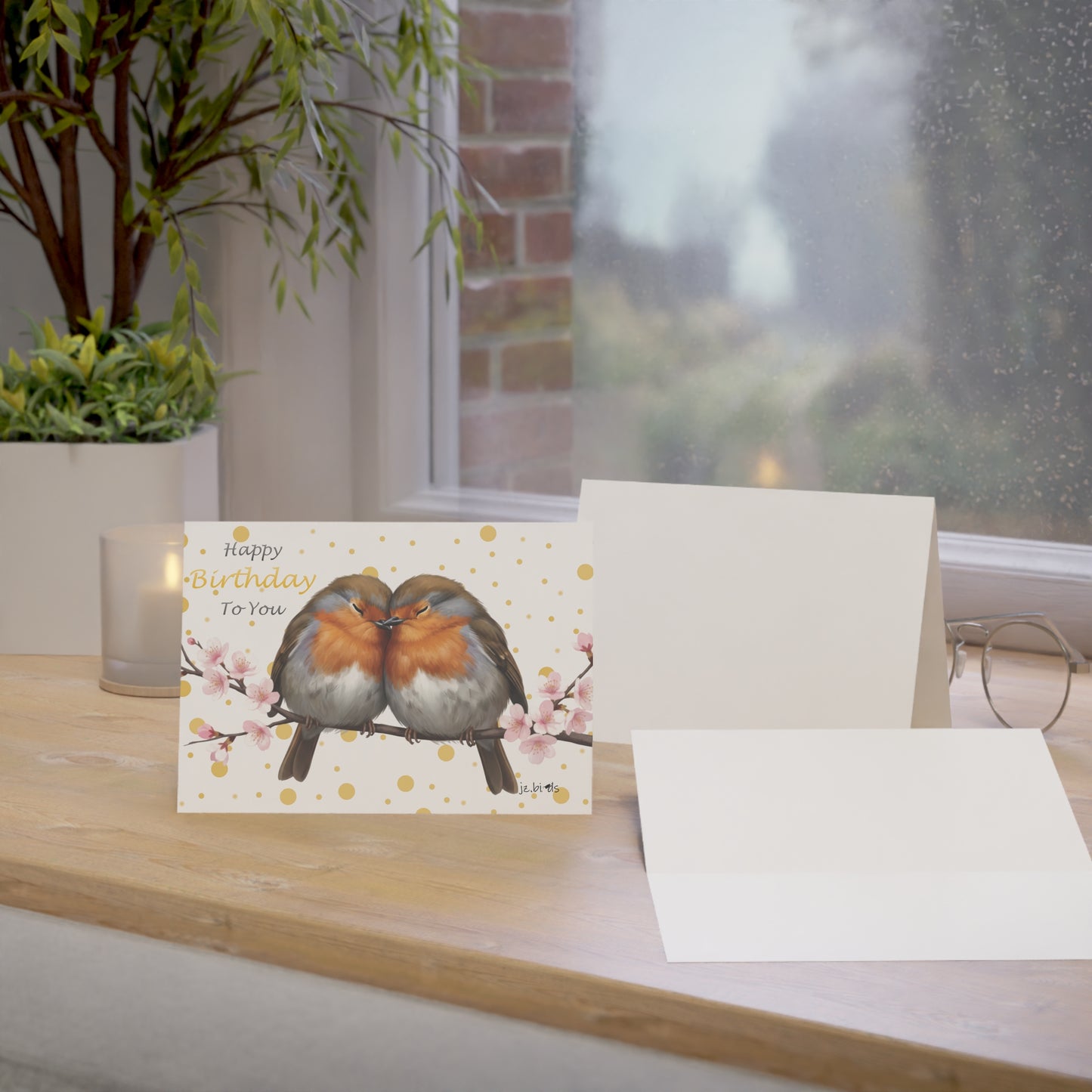 European Robins Cuddling Birthday Card – Premium Matte Bird Greeting Card