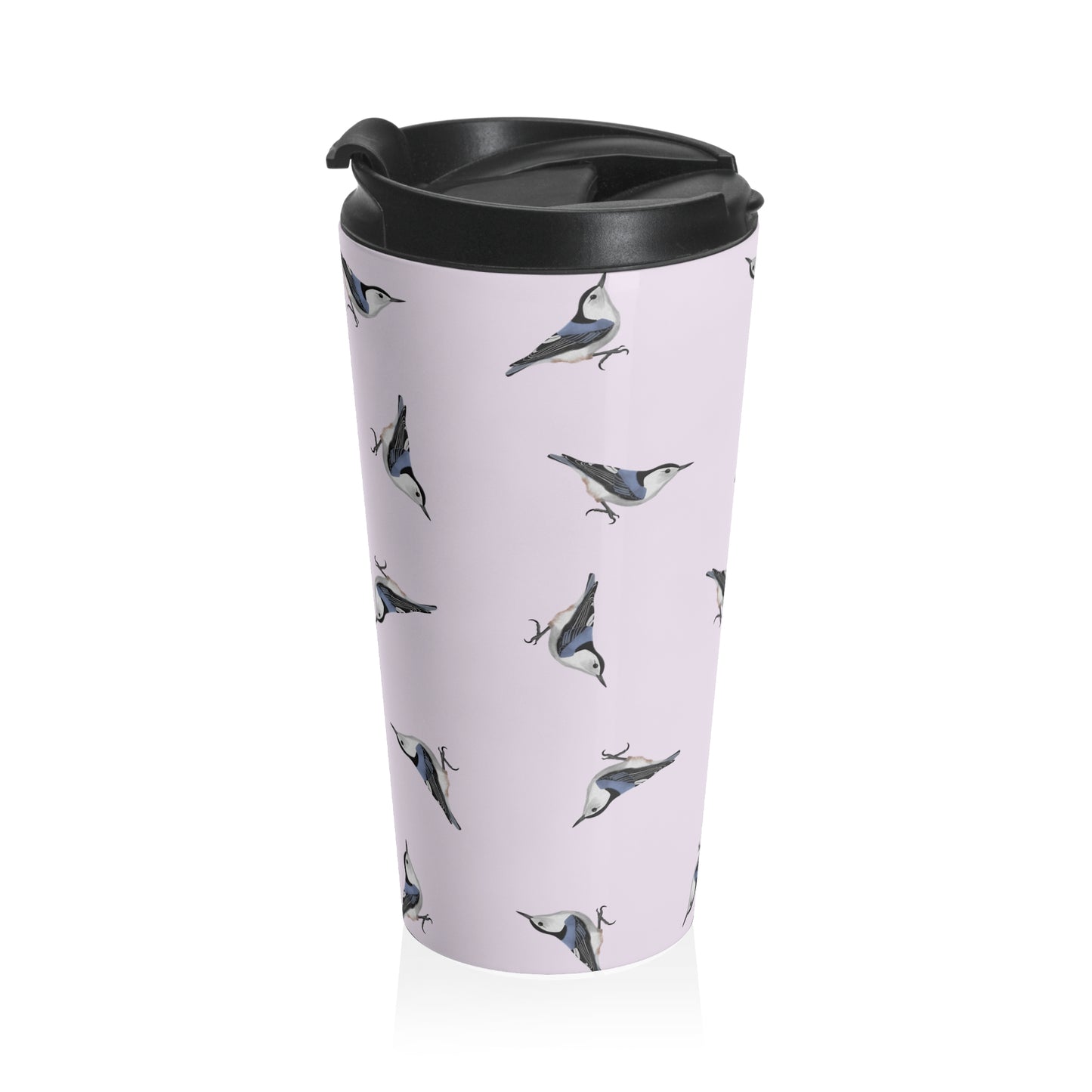 White-breasted Nuthatch and Tern Tumbler – All Over Pattern Travel Light Pink | 15oz Birdwatching Coffee Mug