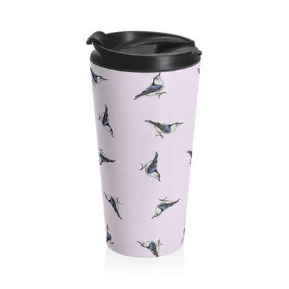 White-breasted Nuthatch and Tern Tumbler – All Over Pattern Travel Light Pink | 15oz Birdwatching Coffee Mug