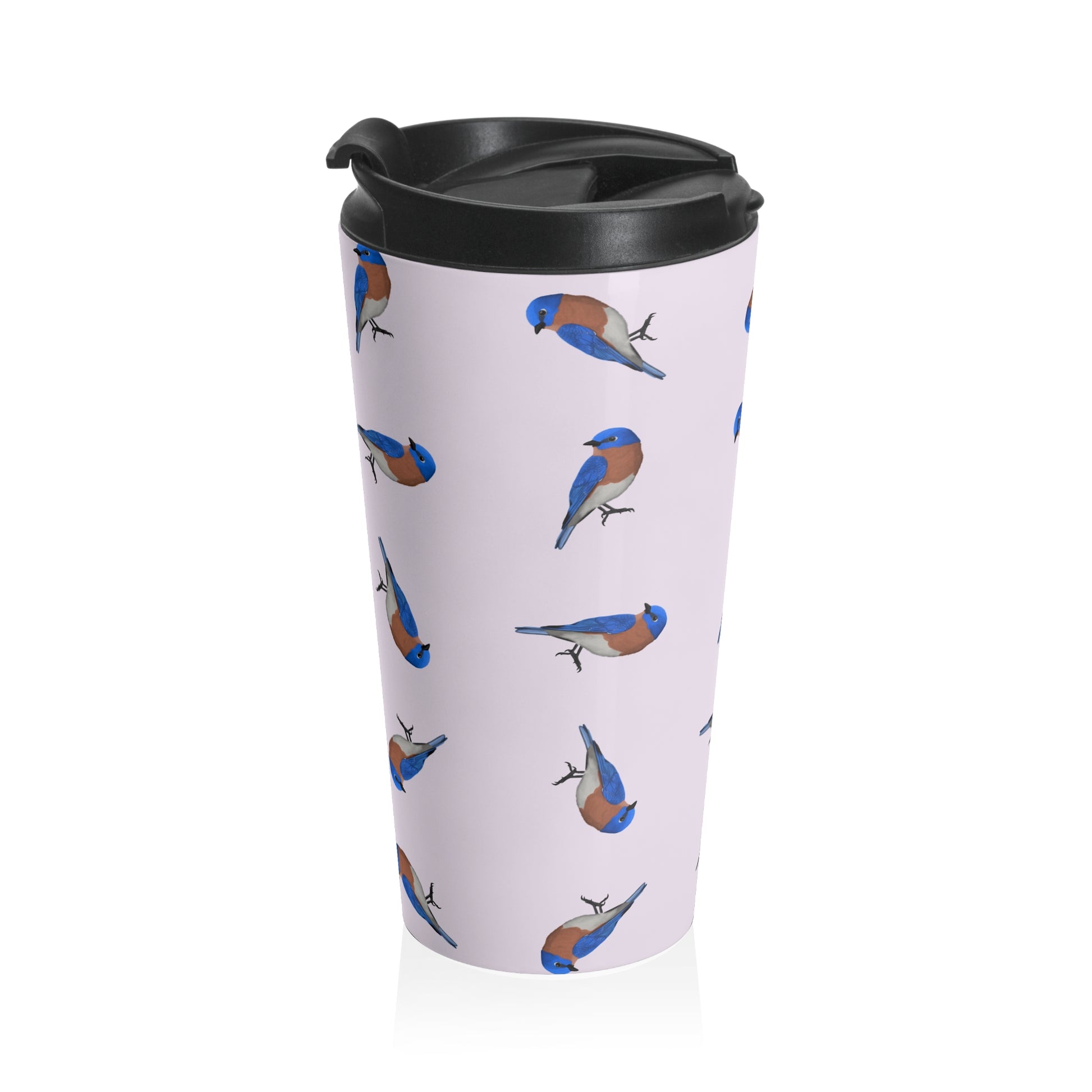 Bluebird and Tern Tumbler – All Over Pattern Travel Light Pink | 15oz Birdwatching Coffee Mug