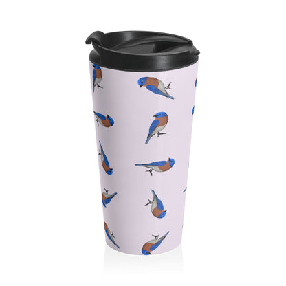 Bluebird and Tern Tumbler – All Over Pattern Travel Light Pink | 15oz Birdwatching Coffee Mug