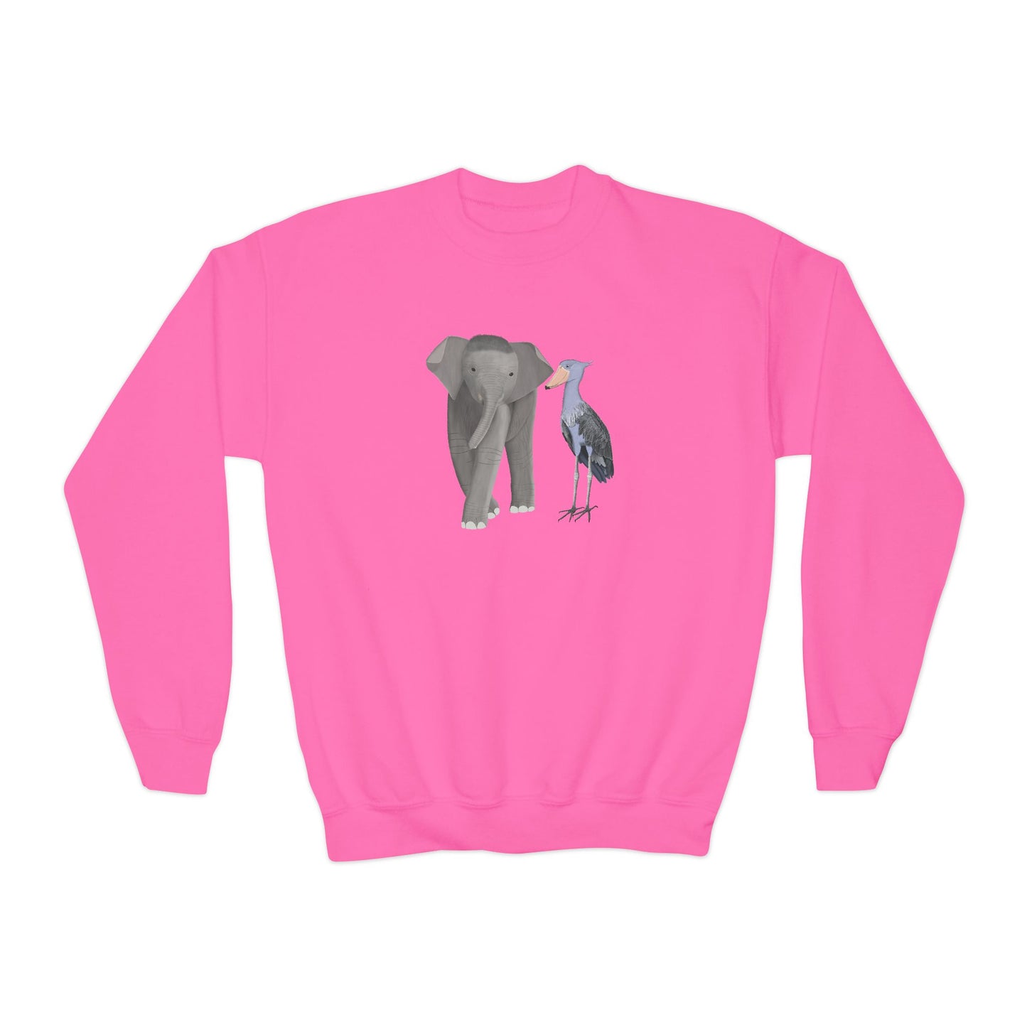 Elephant with Shoebill Bird Youth Crewneck Sweatshirt