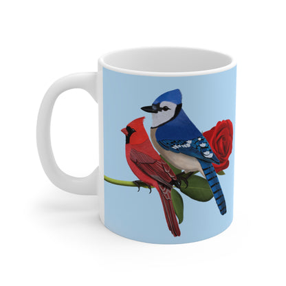 Blue Jay and Cardinal on a Rose Valentine's Day Bird Ceramic Mug 11oz - jz.birds