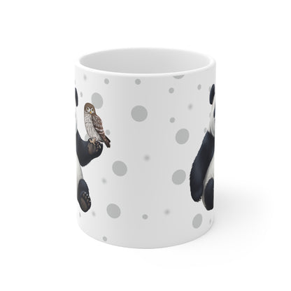 Eule mit einem fröhlichen Panda Vogel Tiermotiv Tasse Punkte Grau