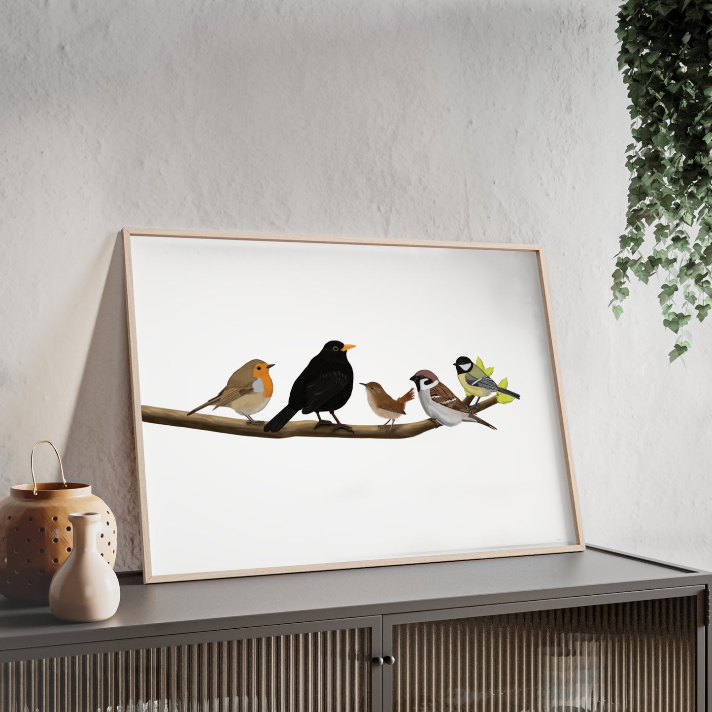 Vogel Poster im Holzrahmen - Vögel auf einem Ast Poster Amsel Rotkehlchen Zaunkönig Spatz Kohlmeise