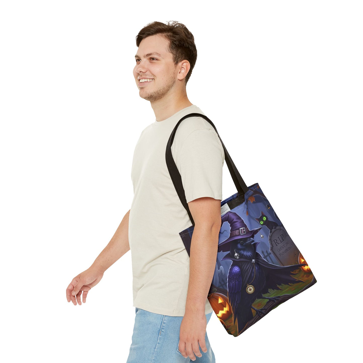 Halloween Crow Tote Bag: Purple Cape & Witch Hat | 16"x16" Polyester | Bird Decor Accessory