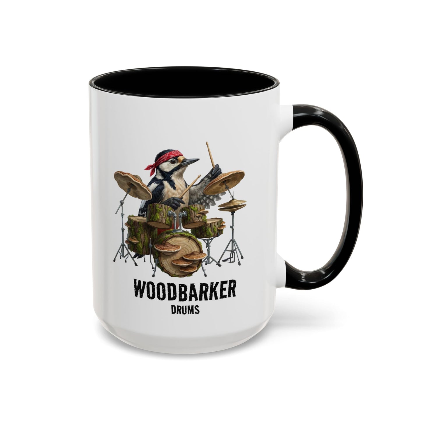 Mug with a woodpecker playing drums design and 'Woodbarker Drums' text on a white background.